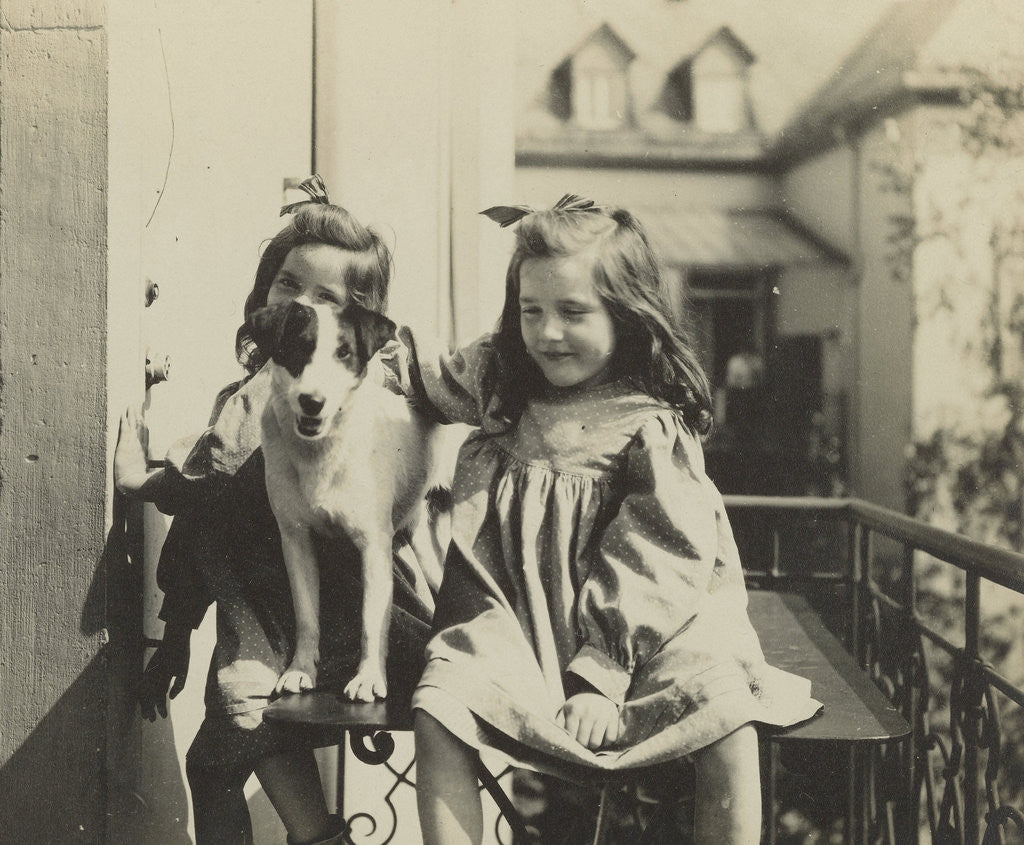 Detail of Two girls and a dog on a balcony at the rear of a house by Anonymous