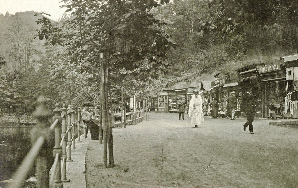 Detail of shops or stalls on the banks of a water by Anonymous