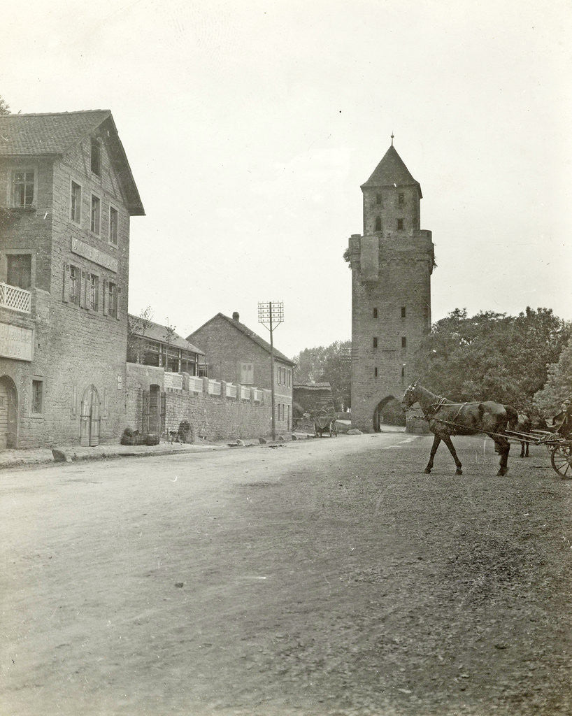 Detail of Horse and carriage at a gate in a city by Anonymous