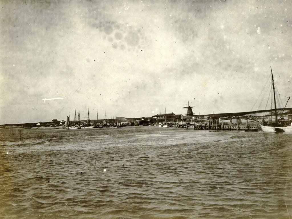 Detail of Sight over a river (?), The Netherlands, with a bridge and a mill in the background by Anonymous