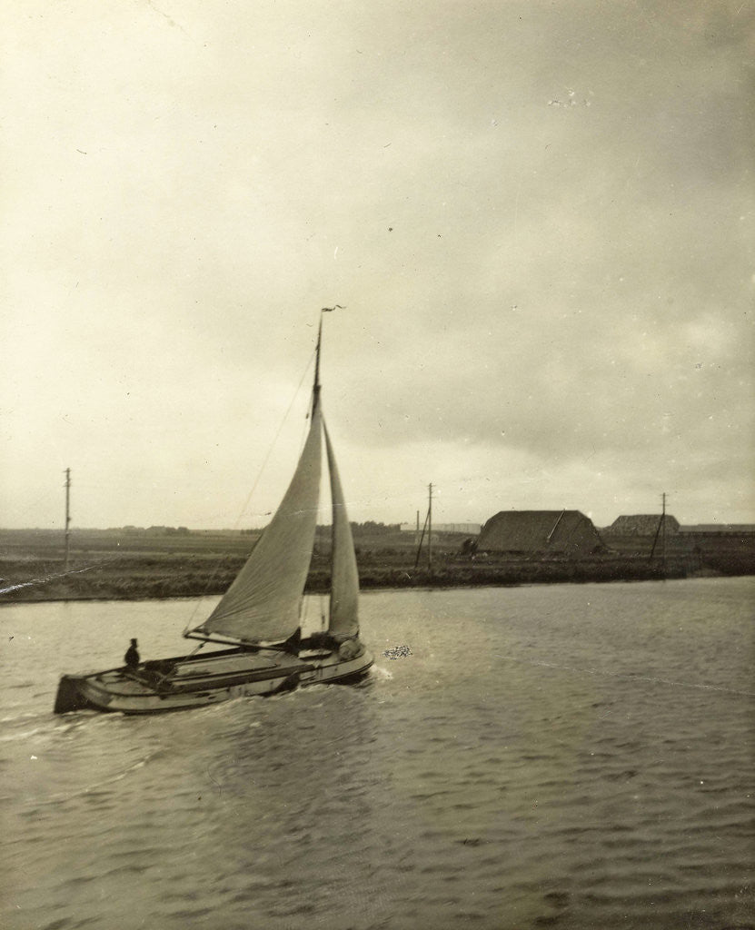 Detail of Sight on a river or canal, Netherlands, with a sailing ship by Anonymous