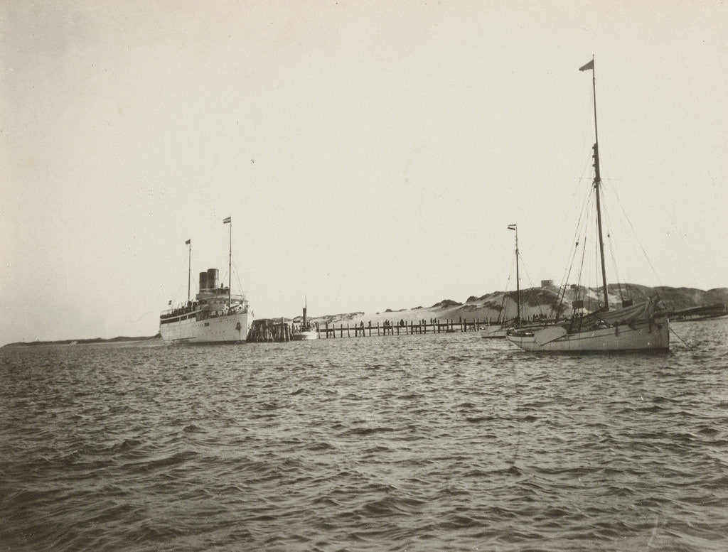 Detail of Two ships moored, possibly on one of the islands by Anonymous