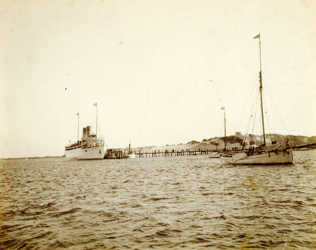 Detail of Two ships moored, possibly on one of the islands by Anonymous