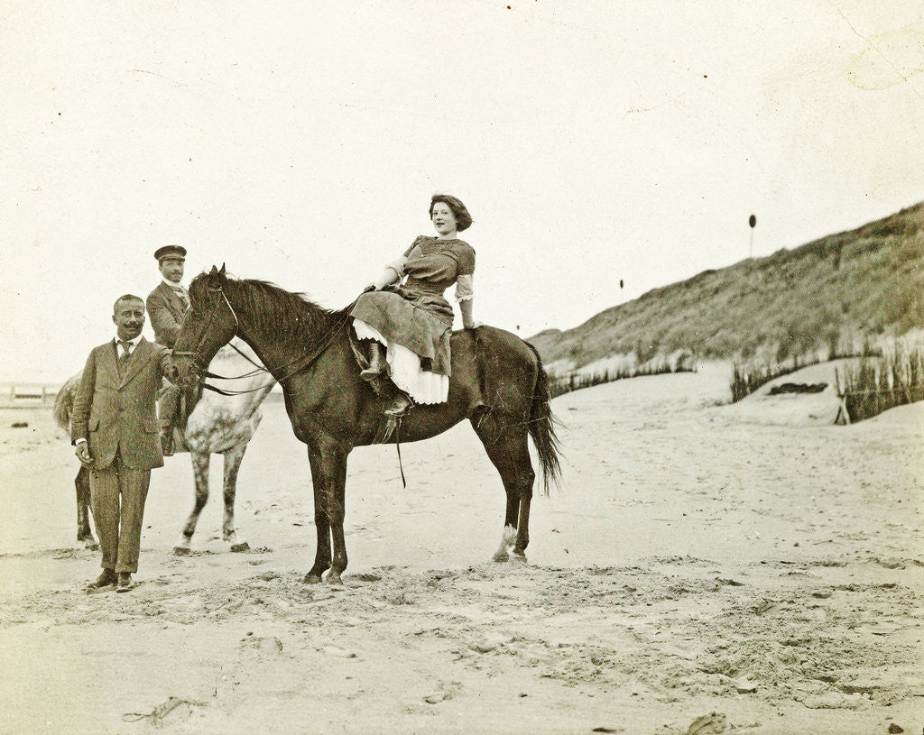Detail of Man and woman on horseback on the beach, North Sea, the Netherlands or Germany by Anonymous