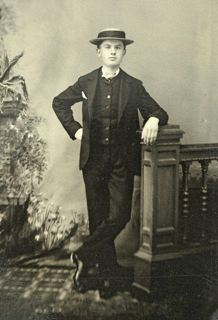 Detail of Portrait of a young man standing at a railing for a painted backdrop by Anonymous