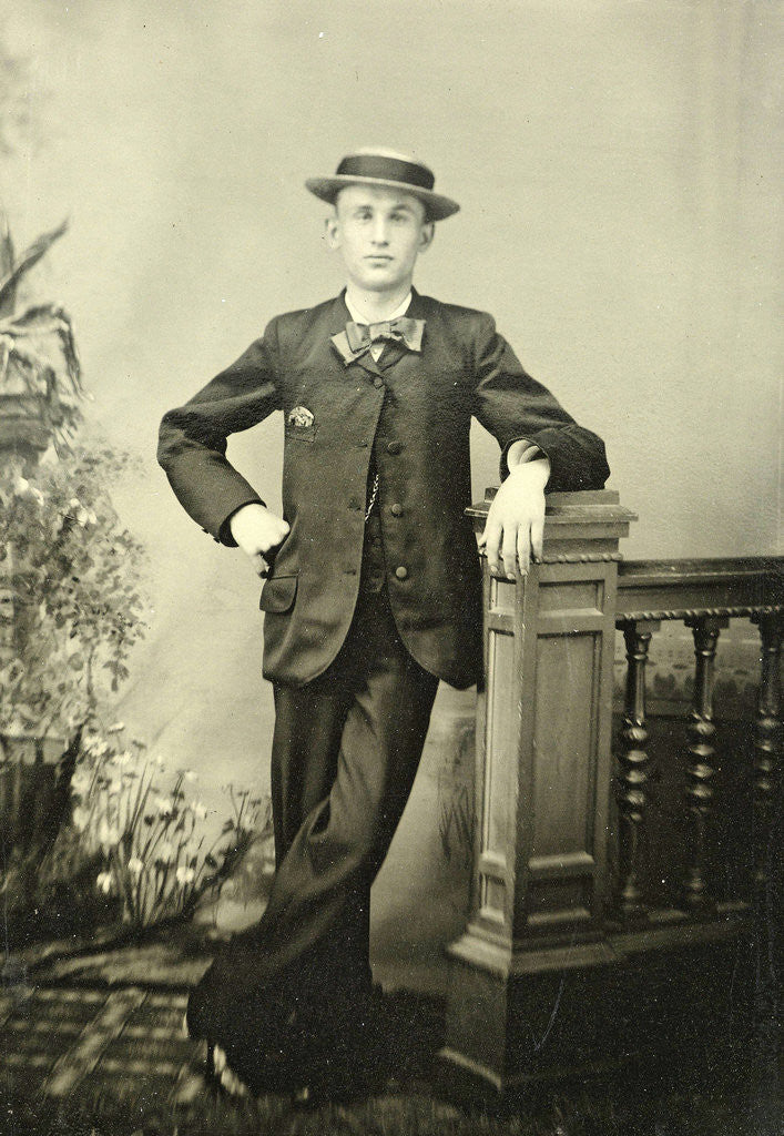 Detail of Portrait of a young man standing at a railing for a painted backdrop by Anonymous