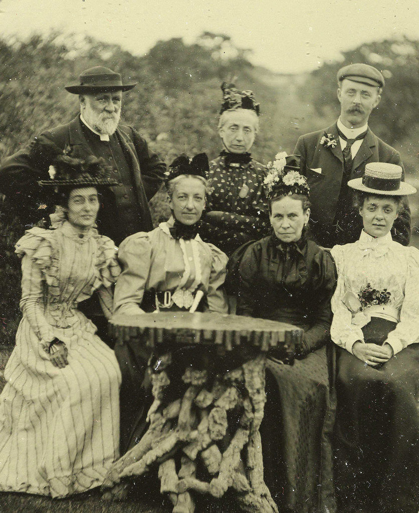 Detail of Group portrait of five women and two men around a table in the open air by Anonymous