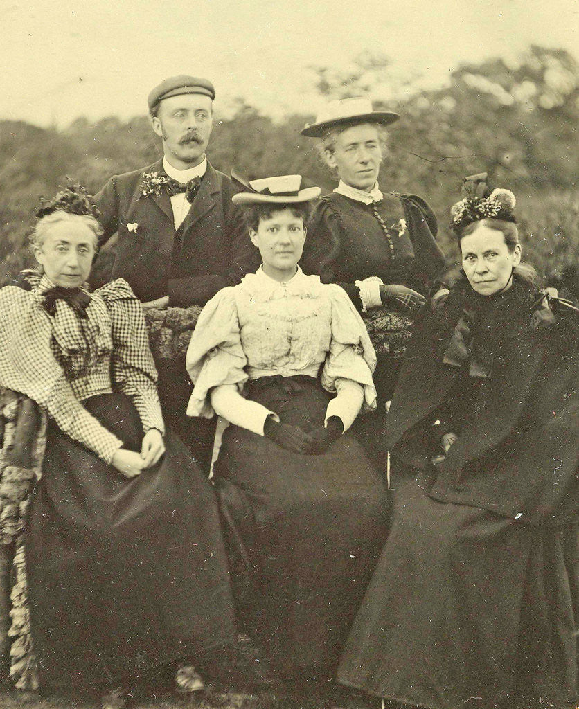 Detail of Group portrait of four women and one man around a table in the open air by Anonymous