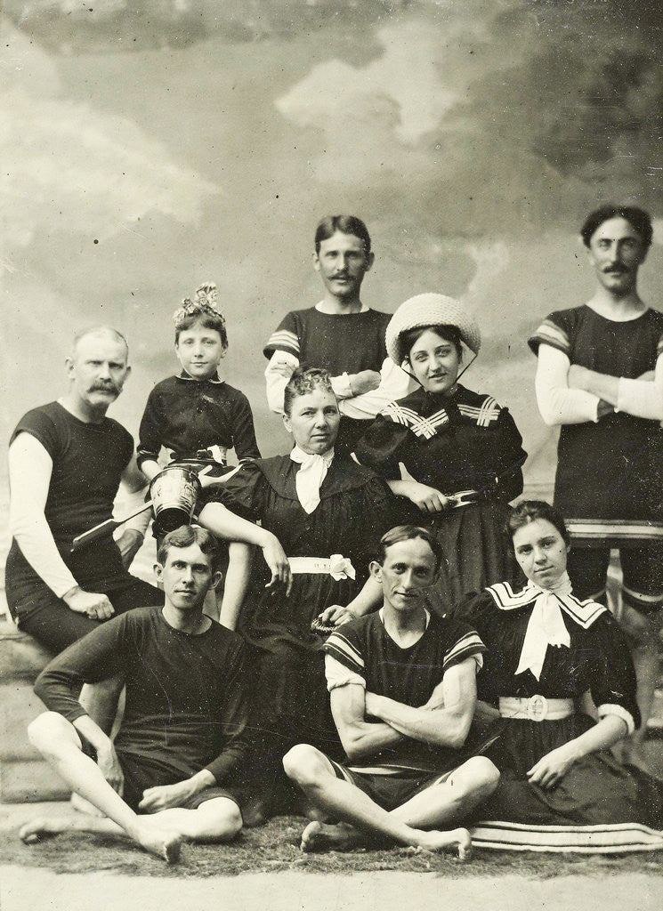 Detail of Group portrait of five men, three women and a girl in swimwear for a painted background with a cloudy sky by Christoph Martin Wieland