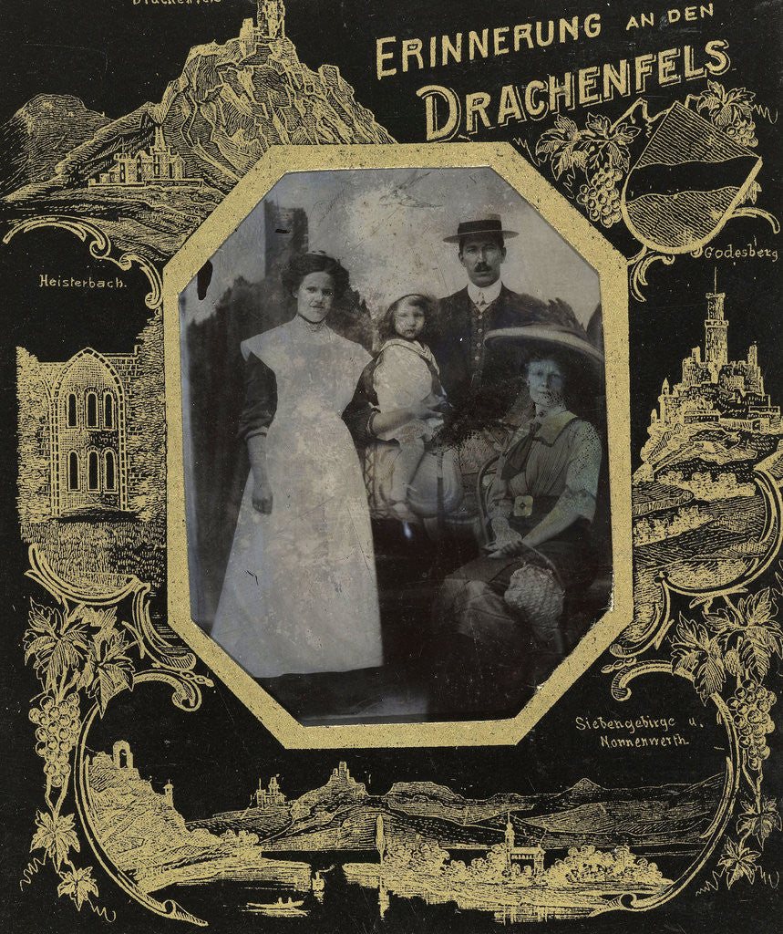 Detail of Portrait of a man, two women and a girl for a painted backdrop with the Drachenfels by Anonymous