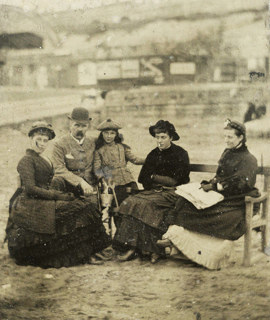 Detail of Three women, a man and a girl on the beach by Anonymous