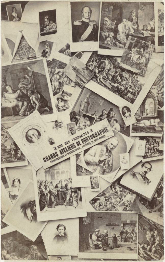 Detail of Composition of prints, with a piece of text with the address of the photographer by Jules Raudnitz