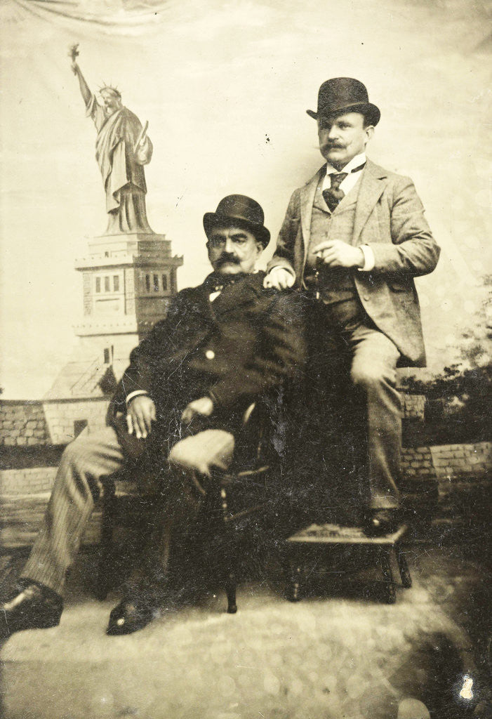Detail of Portrait of two men for a painted backdrop with the Statue of Liberty in New York, USA by Anonymous