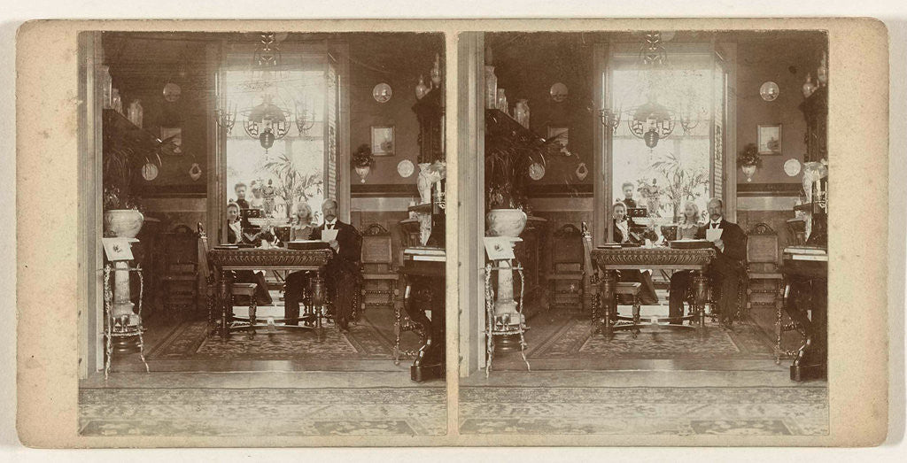 Detail of Interior of the family Deschampelaere (Ghent, Belgium) with four people and a stereo viewer, Belgium by Oswald De Schamphelaere