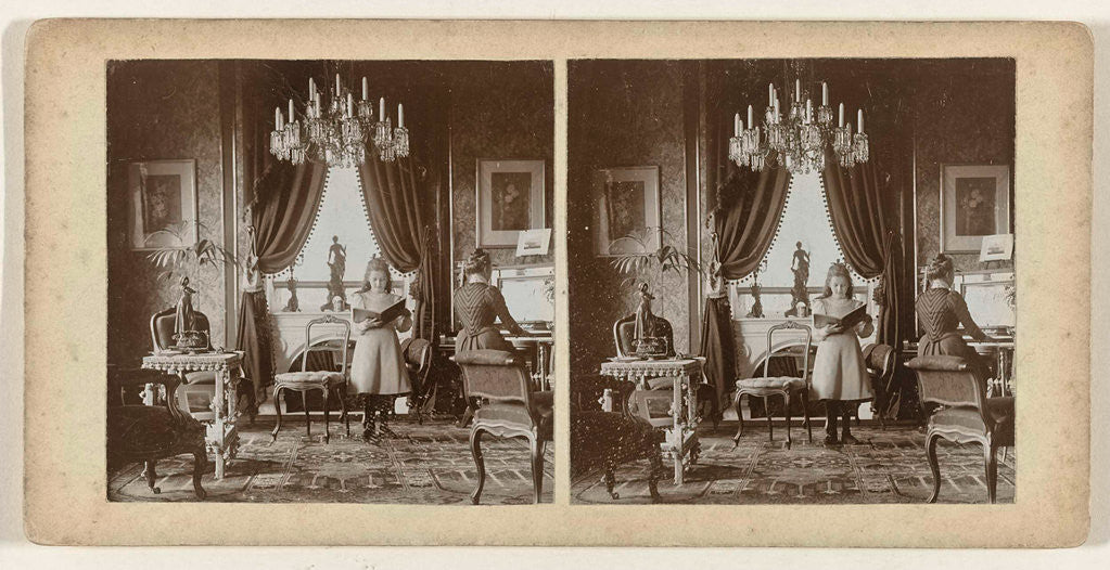 Detail of Interior of the family De Schampelaere, Ghent, Belgium, with a woman playing the piano and a girl by Oswald De Schampelaere