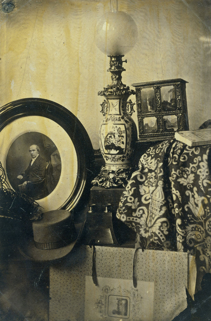 Detail of Still life with photographic portrait by Asser, stereoscope and portfolio by Eduard Isaac Asser