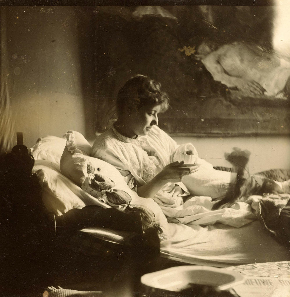 Detail of Marie Jordan dressed sitting in bed with a cup in her hands by George Hendrik Breitner