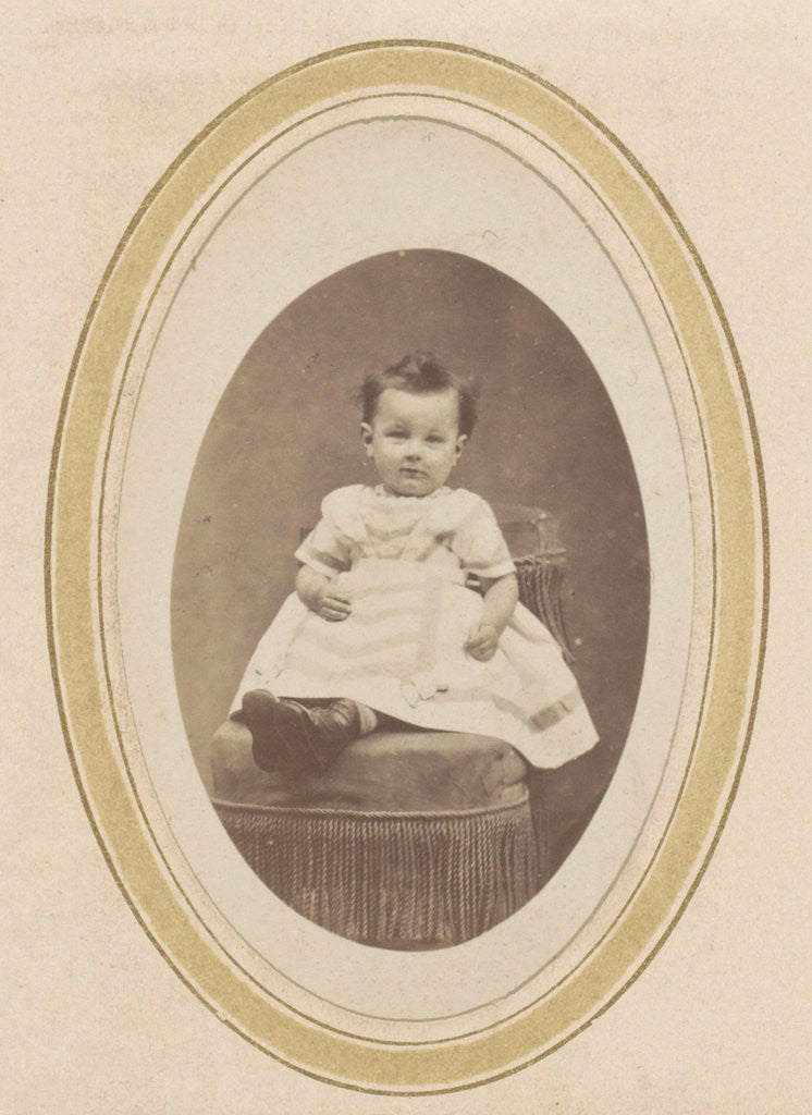 Detail of Portrait of a toddler in a striped dress on a chair by R. Becher