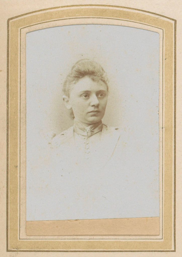 Detail of Portrait of a woman with a high-necked blouse with pin and a forelock by Anonymous