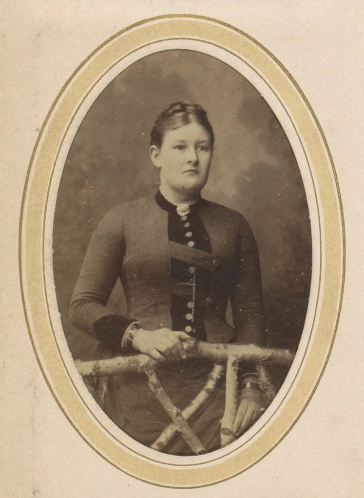 Detail of Portrait of a woman with upswept hair, a jacket with buttons and an ornament by J.H. van der Laag
