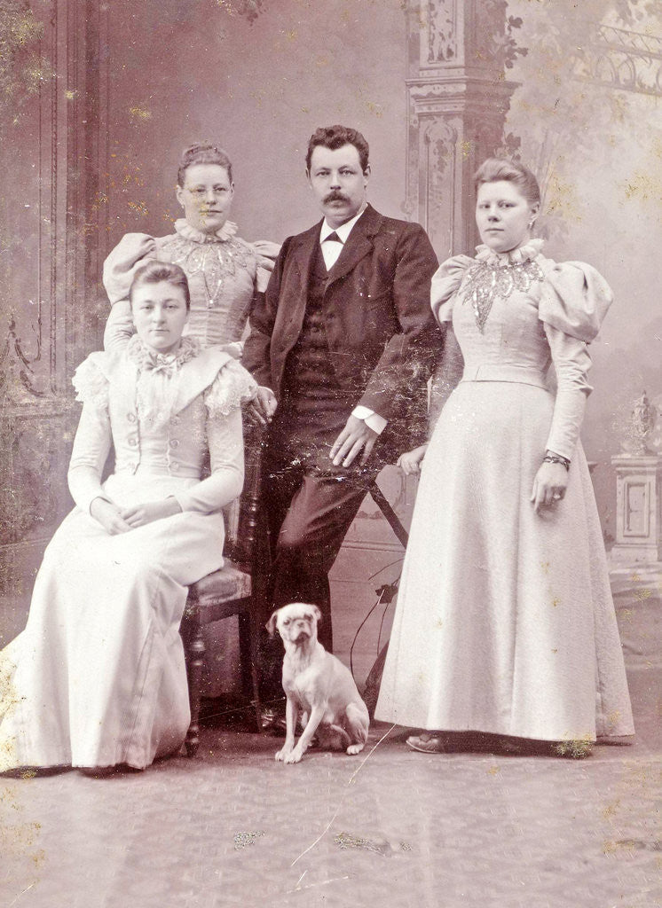 Detail of Portrait of four women and one man in studio with dog by Johannes G.H. Beelenkamp