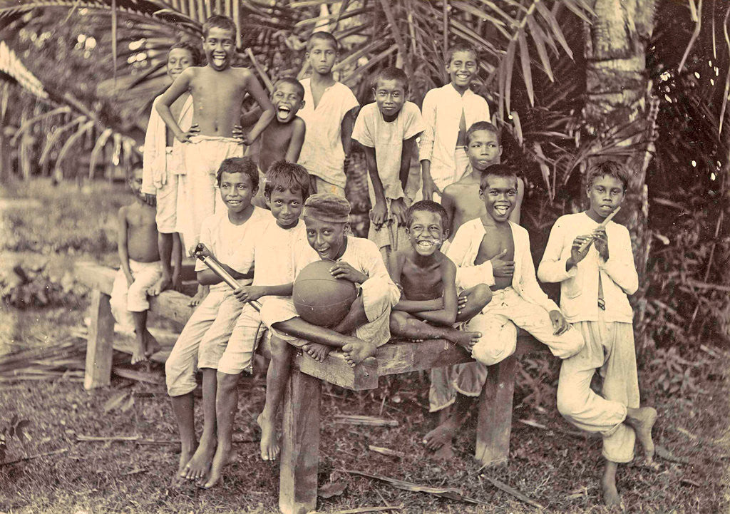 Detail of Laughing children with flute, ball and bicycle in Ambon, Indonesia by Anonymous