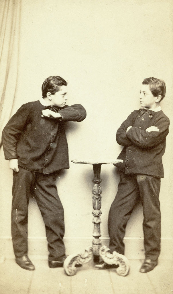 Detail of Two guys standing at table, acting attack posture and inaccessibility by L. de Koningh