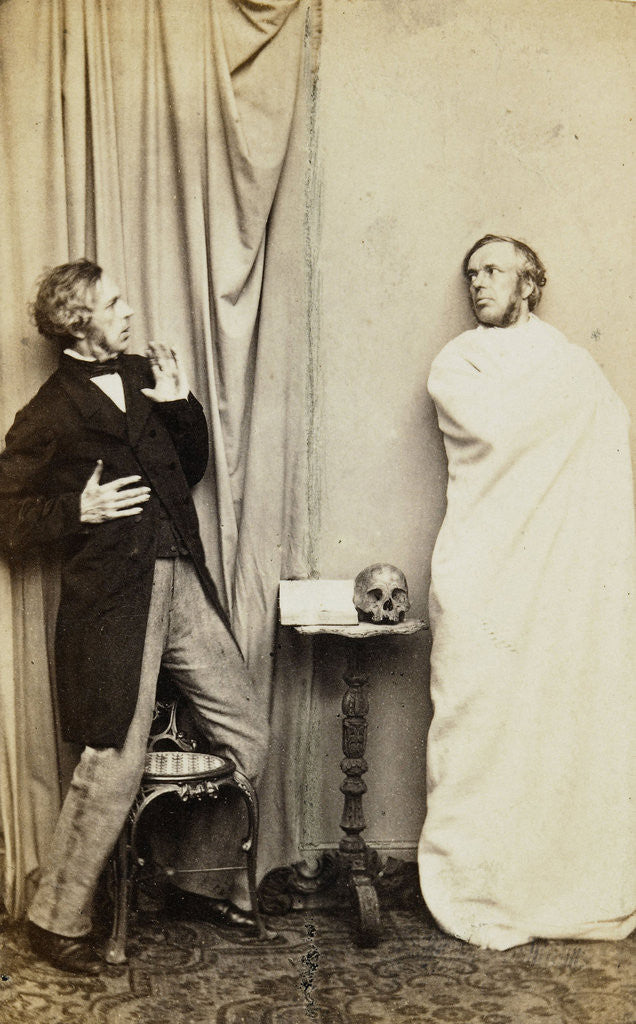 Detail of Two standing men acting recoiling sing ghost with skull on the table between them by L. de Koningh