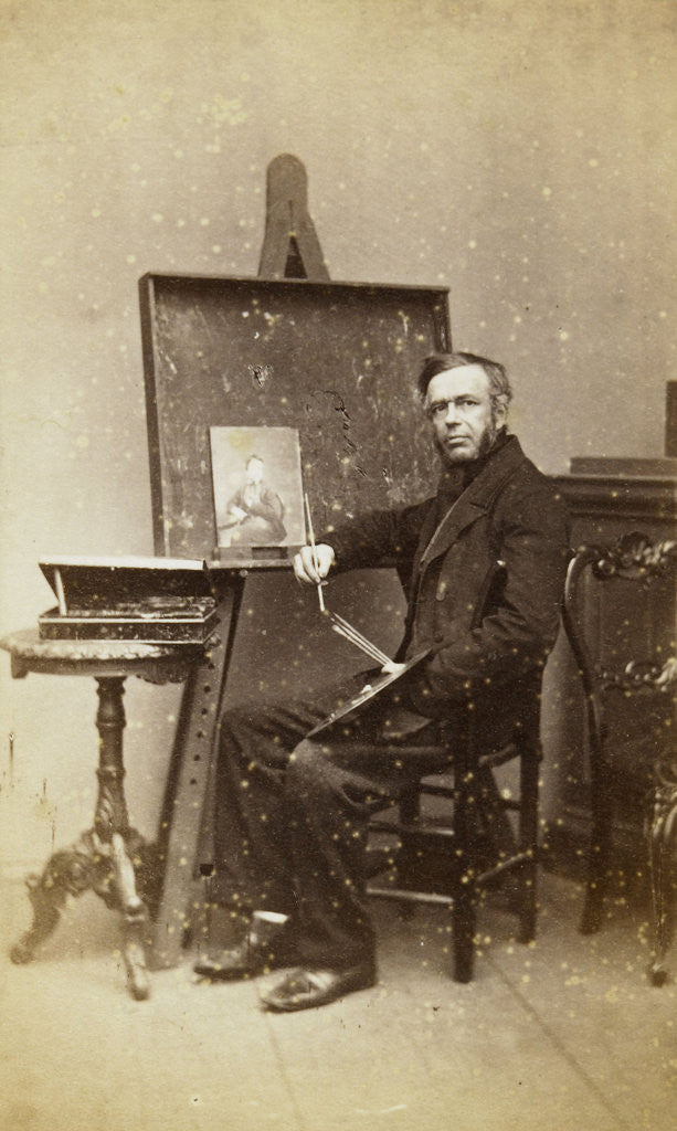 Detail of Portrait painter sitting near an easel with a portrait, palette and brushes, and a paint box on the table (self-portrait Leonard the Koningh?) by L. de Koningh