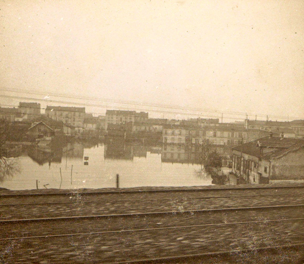 Detail of Flooded buildings during the flooding of Paris, seen from a train by France