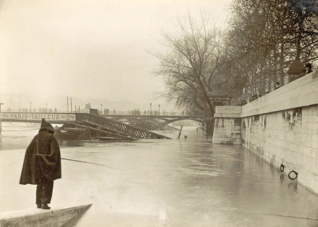 Detail of Flooded Seine banks, destroyed bridges and an angler during flooding of Paris, France by Anonymous