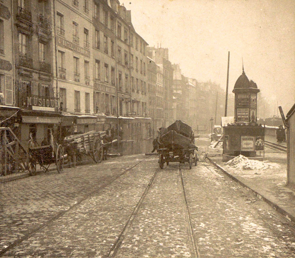 Detail of Wood and vessel laden handcarts in a street during the flooding of Paris by France