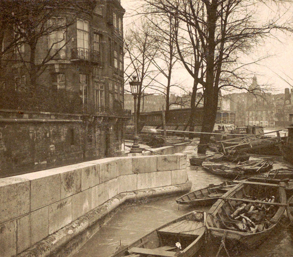 Detail of Boats along a quay during the flooding of Paris, France by Anonymous