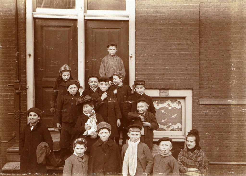 Detail of Group of children posing on stairs for entrance doors by Anonymous