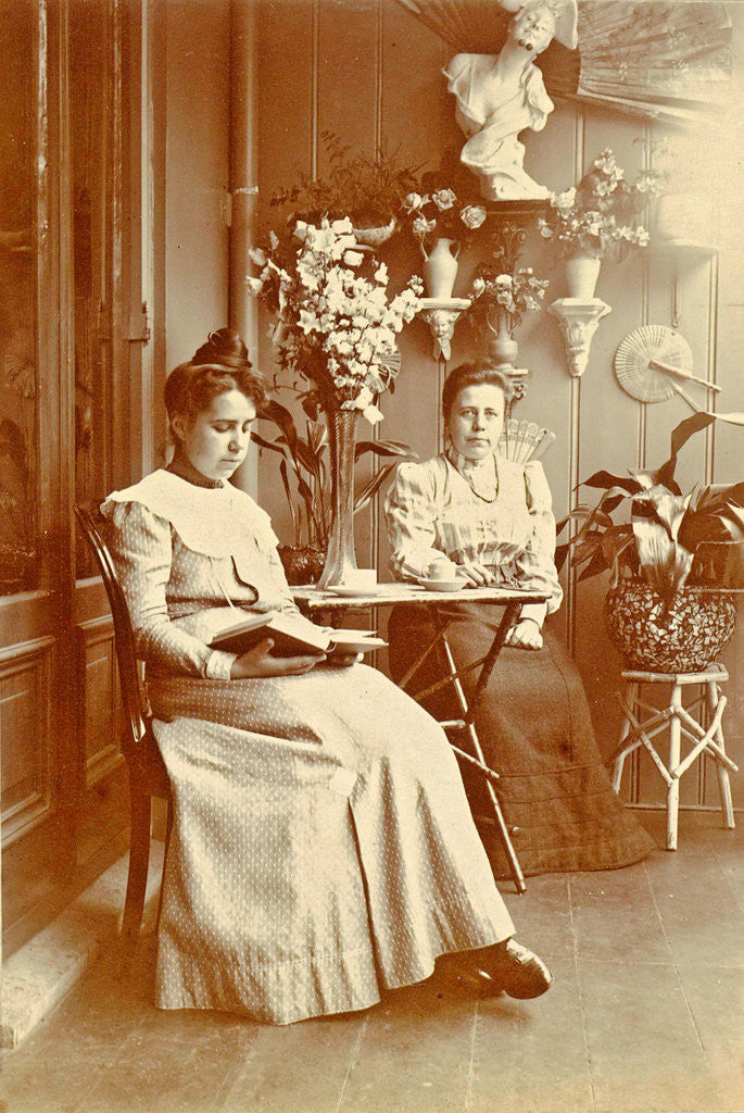 Detail of Two women sitting in a greenhouse, one reading by Anonymous