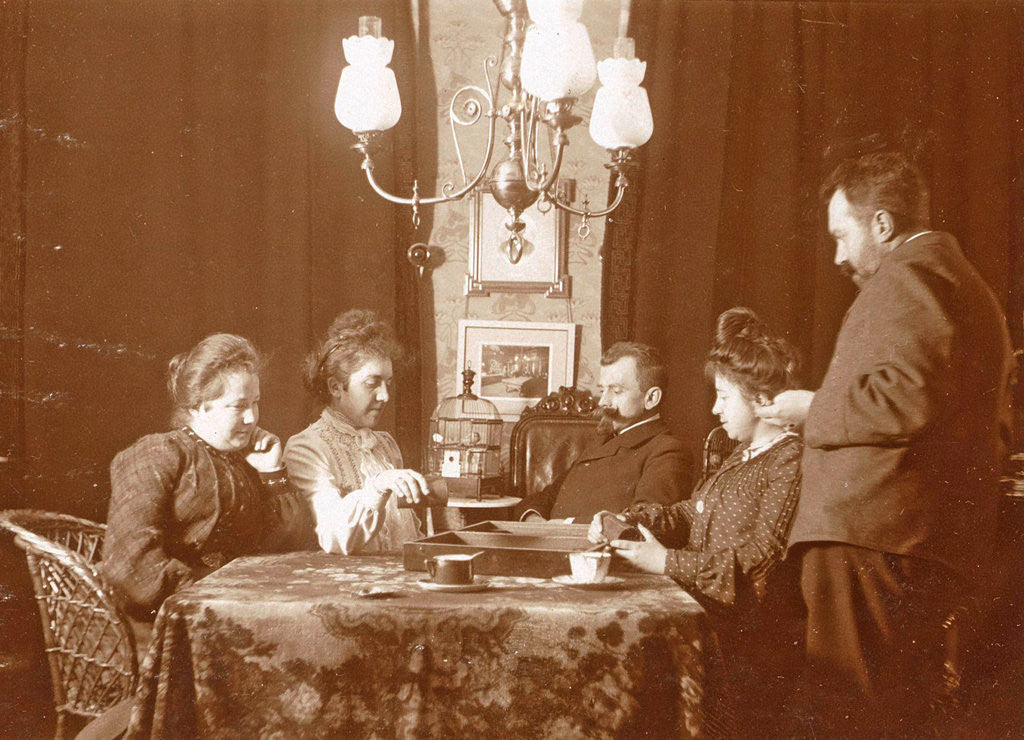 Detail of Men and women playing a board game in a living room by Anonymous