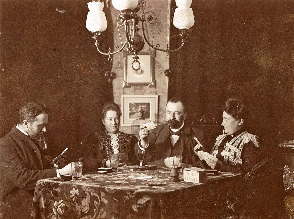 Detail of Men and women playing a board game in a living room by Anonymous