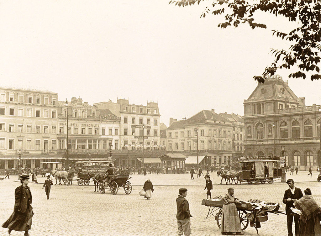 Detail of Rogier Brussels: buildings, passersby, horse carriages and a mussel woman by Anonymous