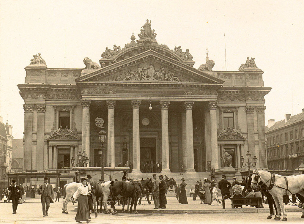 Detail of Exterior of the Brussels Stock Exchange with the foreground passersby and horses, seen from Anspach, Belgium by Anonymous