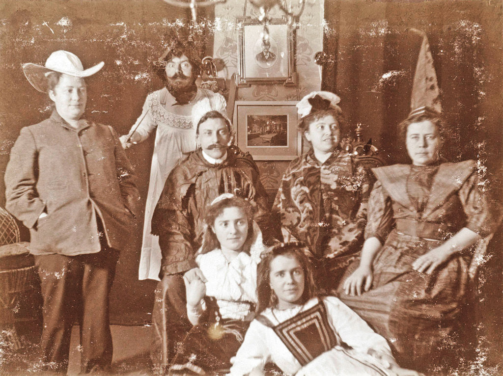 Detail of Costumed men and women in a room by Anonymous