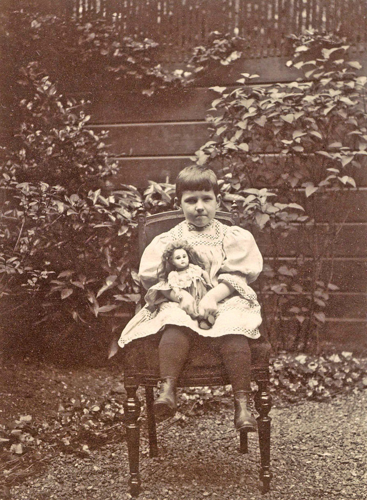 Detail of Sitting girl with a doll in a garden by Anonymous