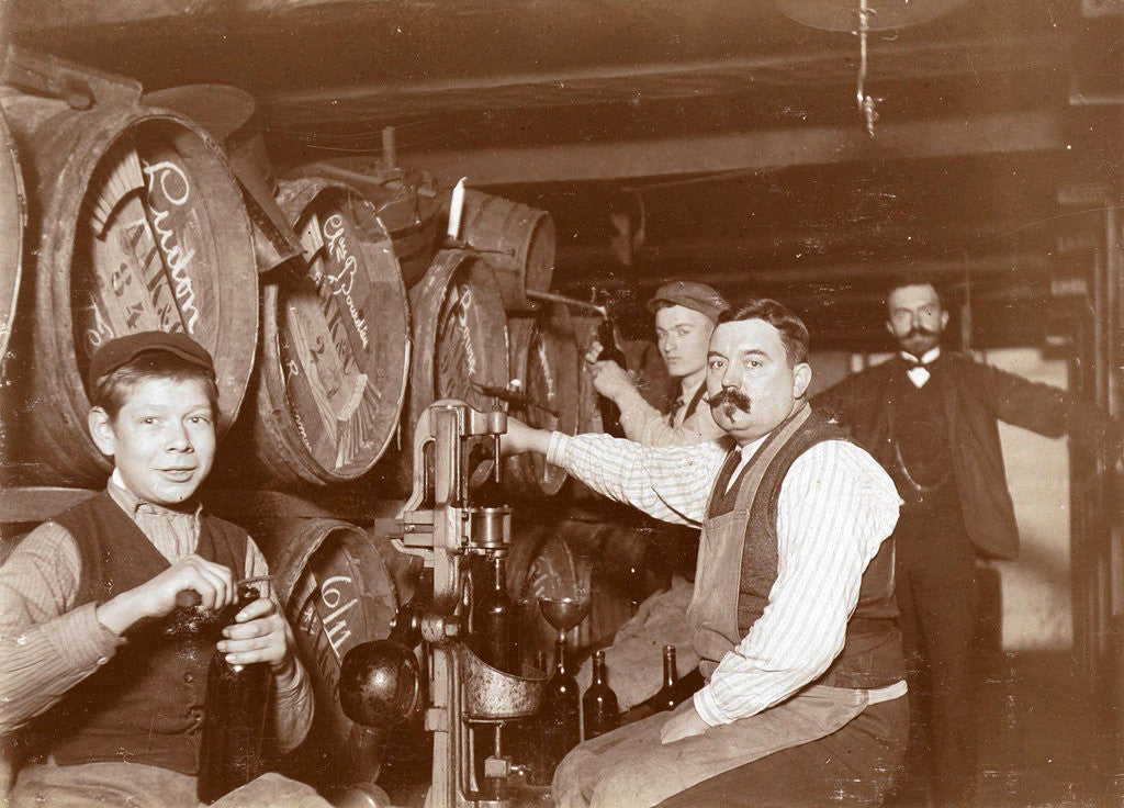 Detail of Brouwer and clerks in wine barrels and a corking machine by Anonymous