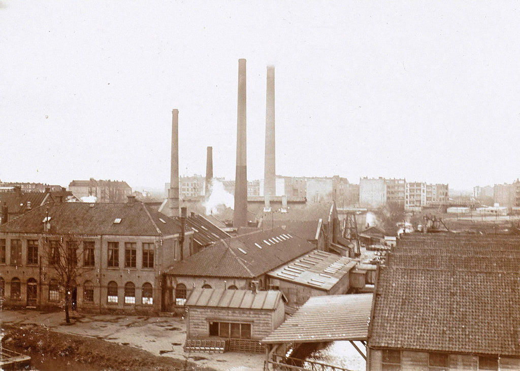 Detail of Exterior of factory buildings with chimneys by Anonymous