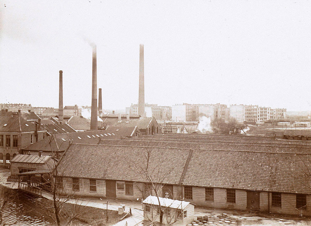 Detail of Exterior of factory buildings with chimneys, in the foreground wooden barrels by Anonymous
