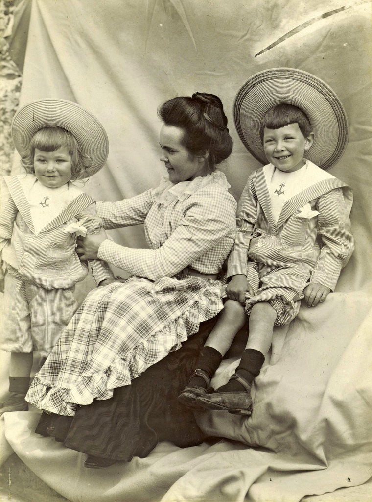 Detail of Portrait of a woman with two children with sun hats and sailor suits by Anonymous