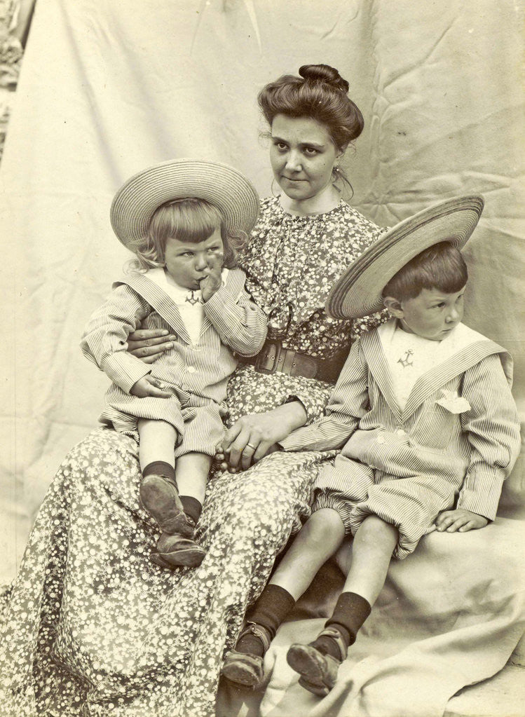 Detail of Portrait of a woman with two children with sun hats and sailor suits by Anonymous