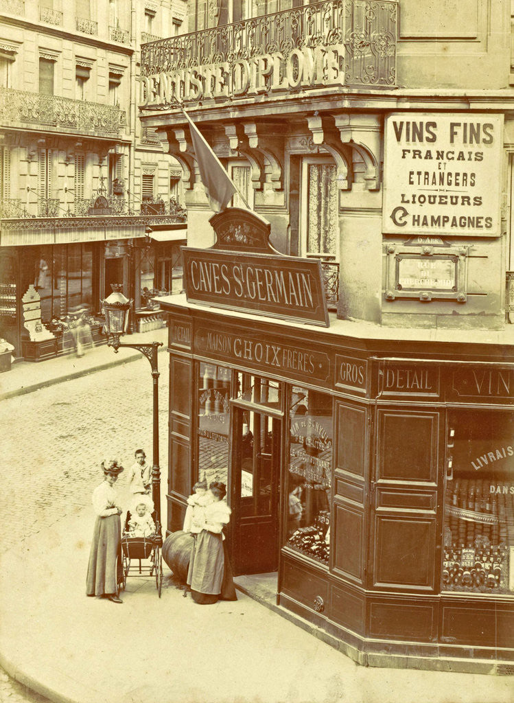 Detail of Two women and three children standing at the entrance of wine trade Caves St. Germain by Anonymous