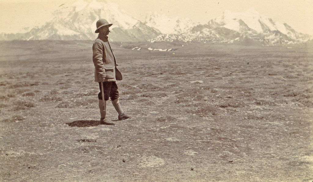 Detail of Man on a plain with a backdrop of Mount Chumahlari (7315 m), Mount Chomolhari in Bhutan by D.T. Dalton