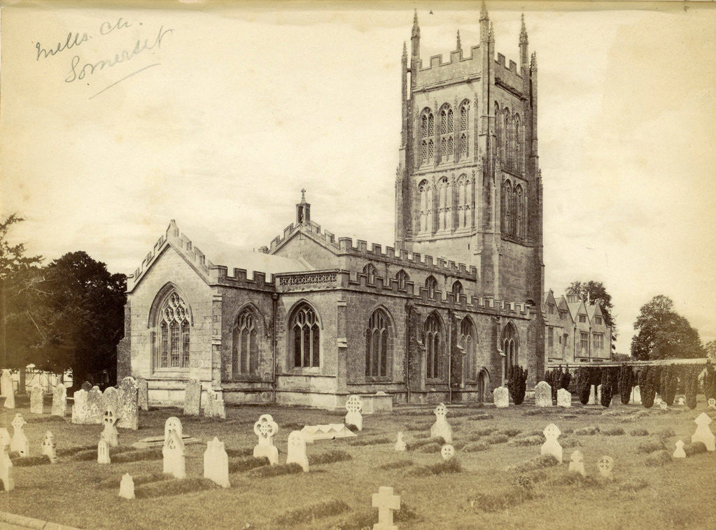 Detail of Exterior of the Church of St. Andrew with a graveyard before in Mells by Anonymous