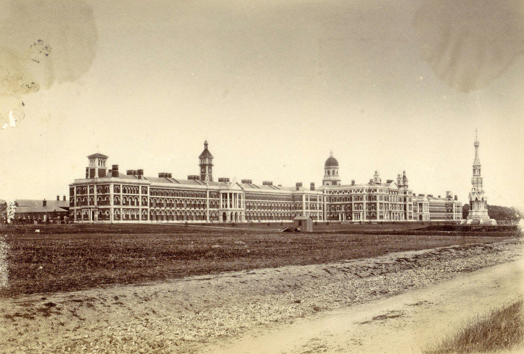 Detail of facade and towers of Netley Hospital with right the memorial for the Crimean War by Anonymous